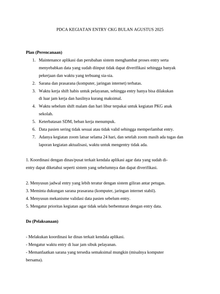 PDCA Entry Data CKG Agustus 2025 | PDF