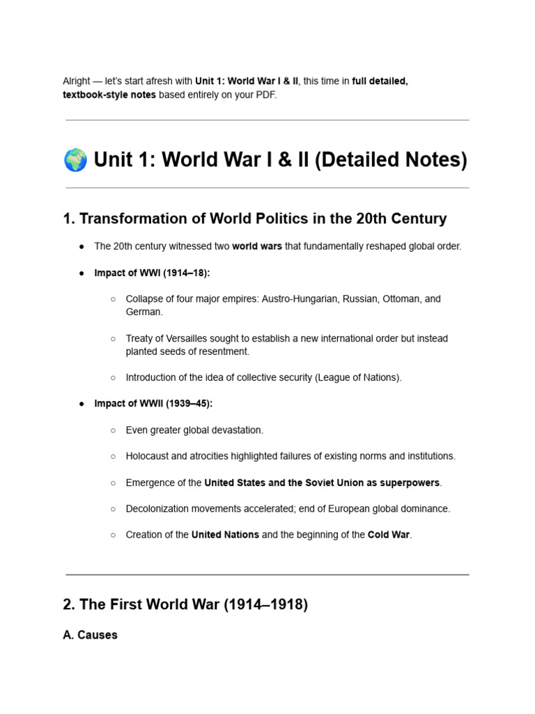 Detailed Notes on WWI & WWII | PDF | Cold War | World Systems Theory