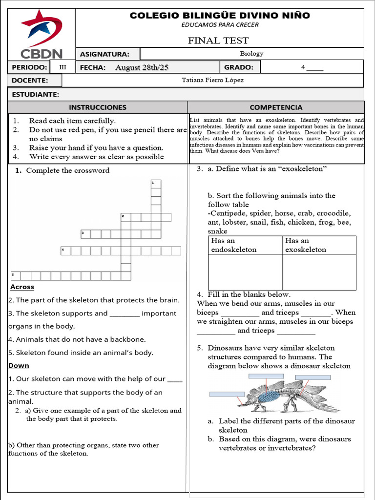 Final Test 4th Grade Periodo III | PDF | Skeleton | Zoology