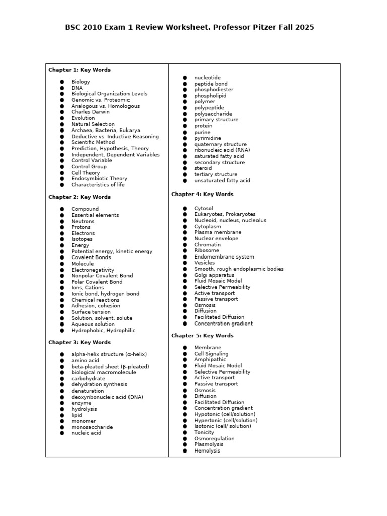 BSC 2010 Exam 1 Review Guide | PDF | Cell Signaling | Chemical Polarity