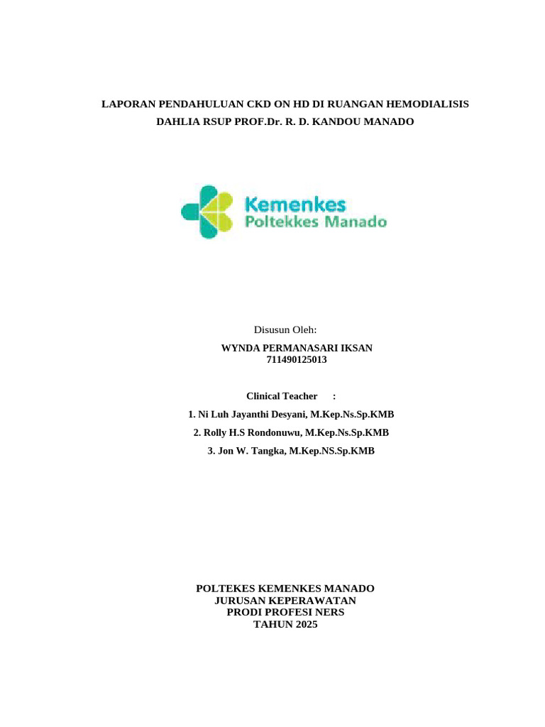 Laporan Pendahuluan CKD On HD Di Ruangan Hemodialisis Dahlia Rsup Prof ...