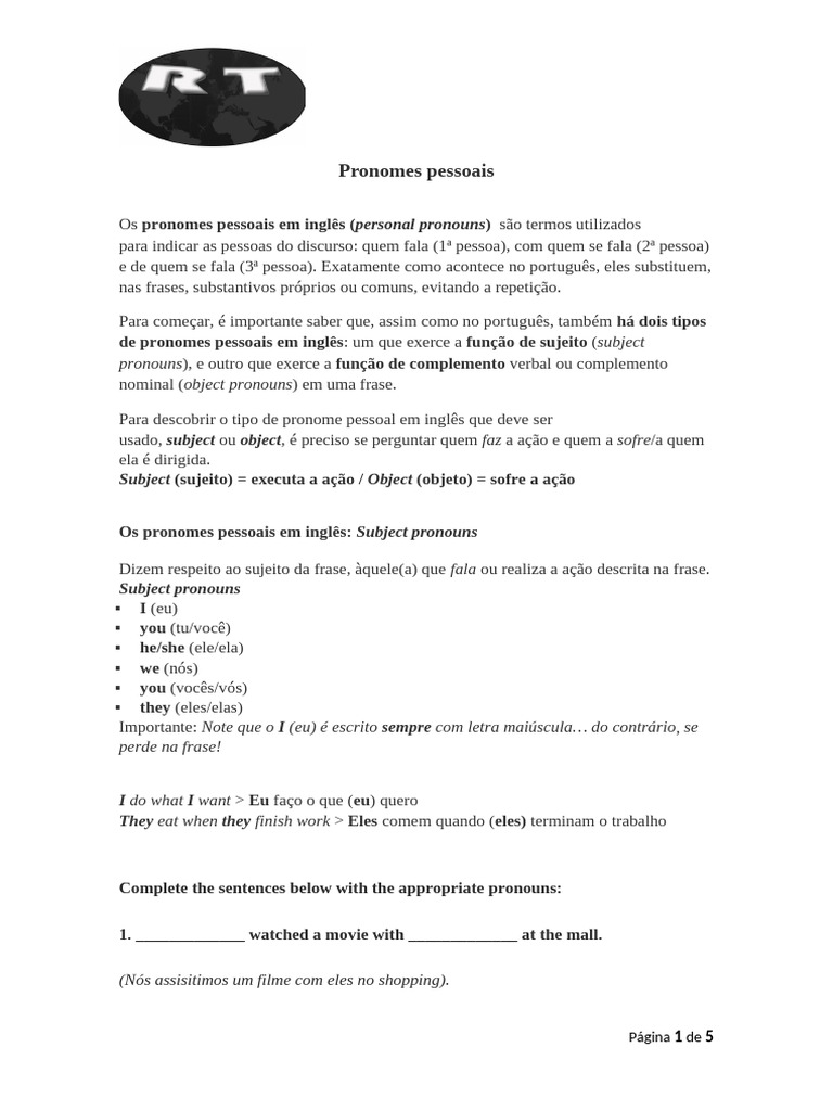 Pronomes Pessoais em Inglês: Guia Completo | PDF | Assunto (gramática ...
