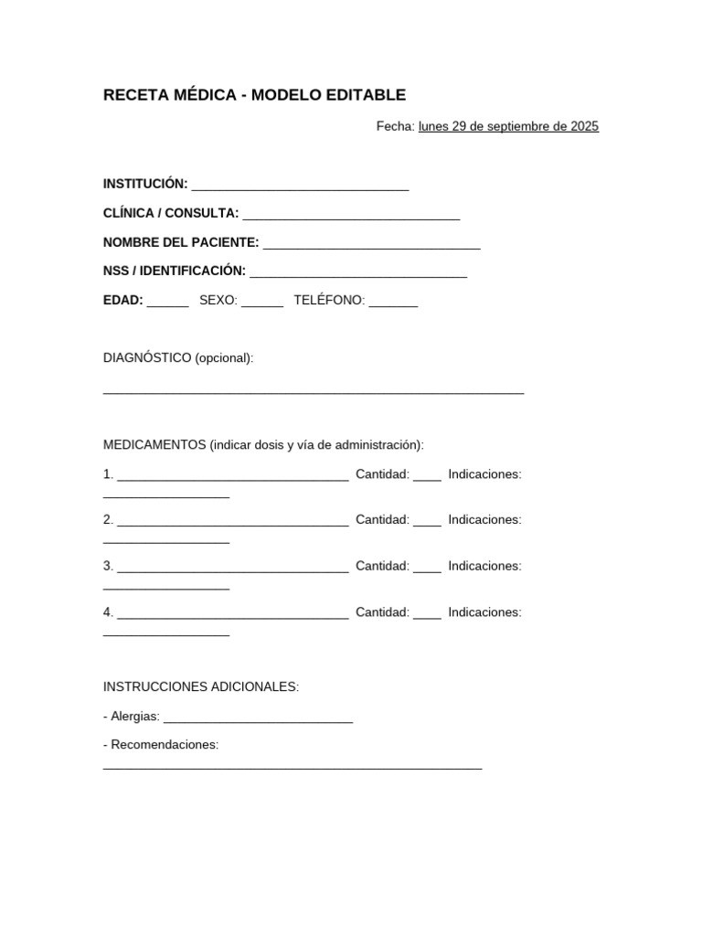 Receta Médica Editable para Pacientes | PDF