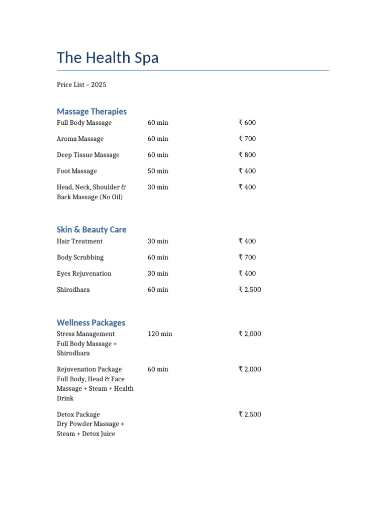 The Health Spa Price List 2025 | PDF