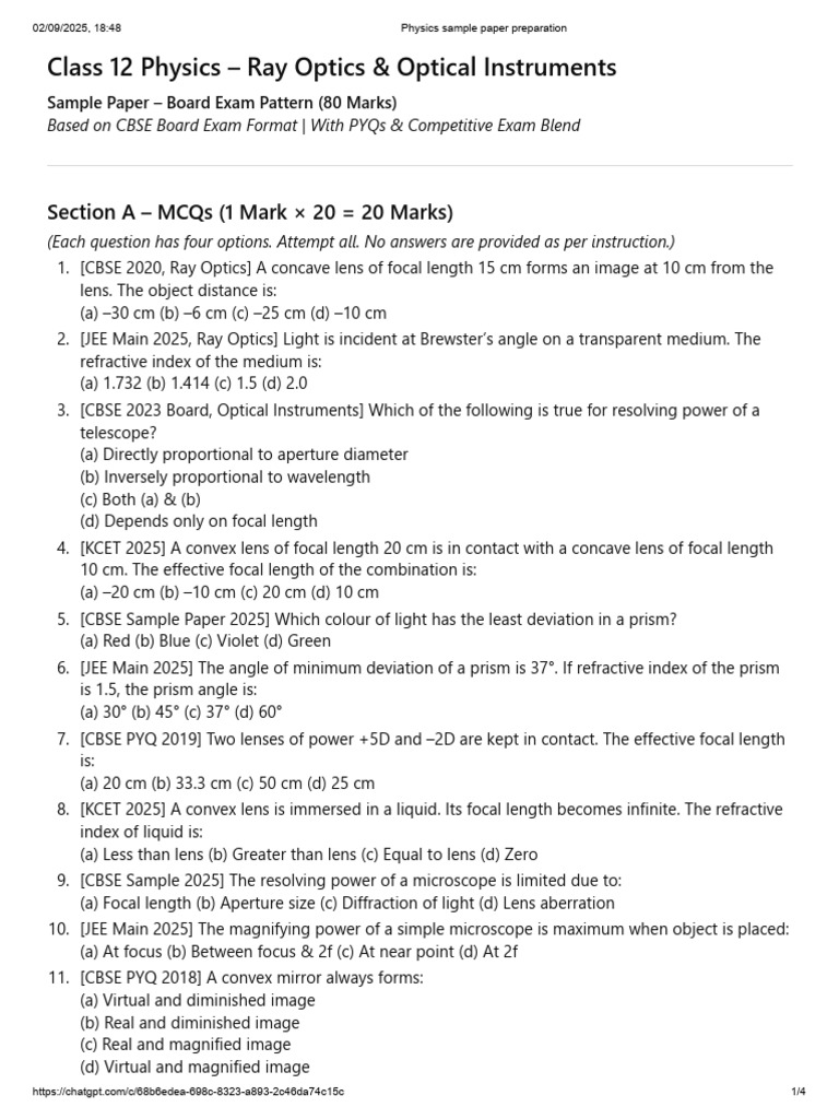 Class 12 Physics: Ray Optics Sample Paper | PDF | Optics | Angular ...