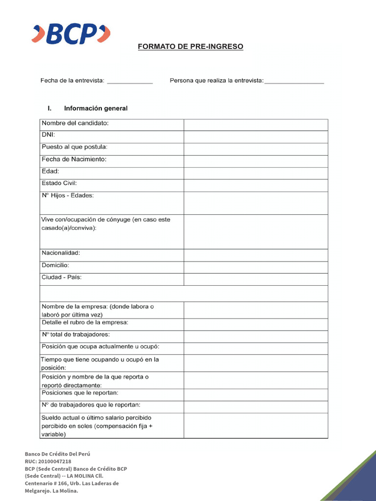 Formato de Preingreso - BCP | PDF