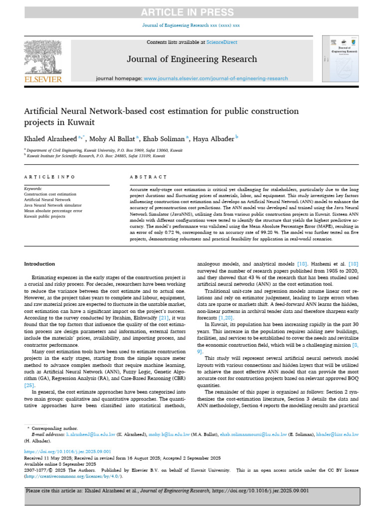 Artificial Neural Network Based Cost Estimation For P 2025 Journal of ...