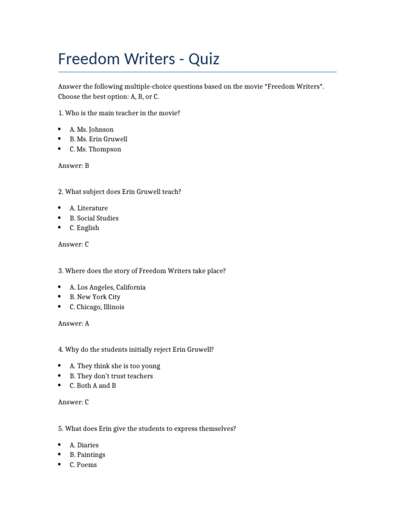 Freedom Writers Quiz Questions | PDF