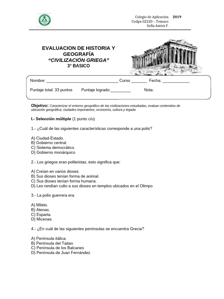 Evaluación Civilización Griega 3° Básico | PDF | Antigua Grecia | Esparta
