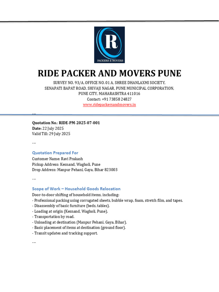 Pune Household Relocation Quotation | PDF