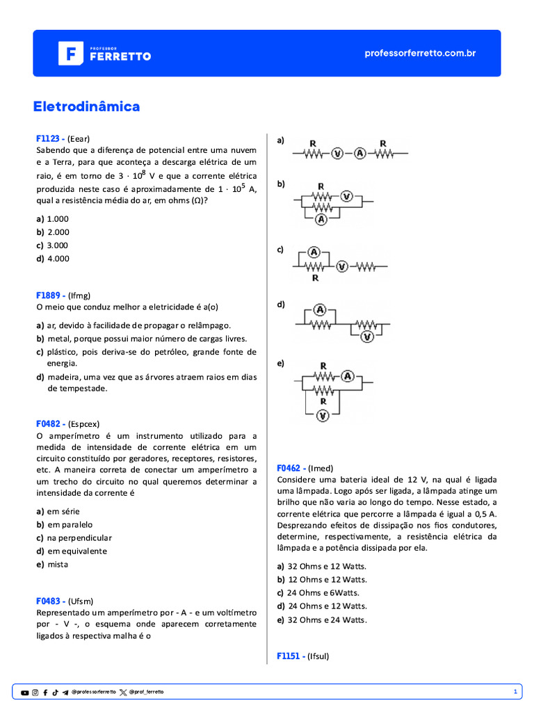 Questões sobre Eletrodinâmica e Medidas Elétricas | PDF | Rede elétrica ...