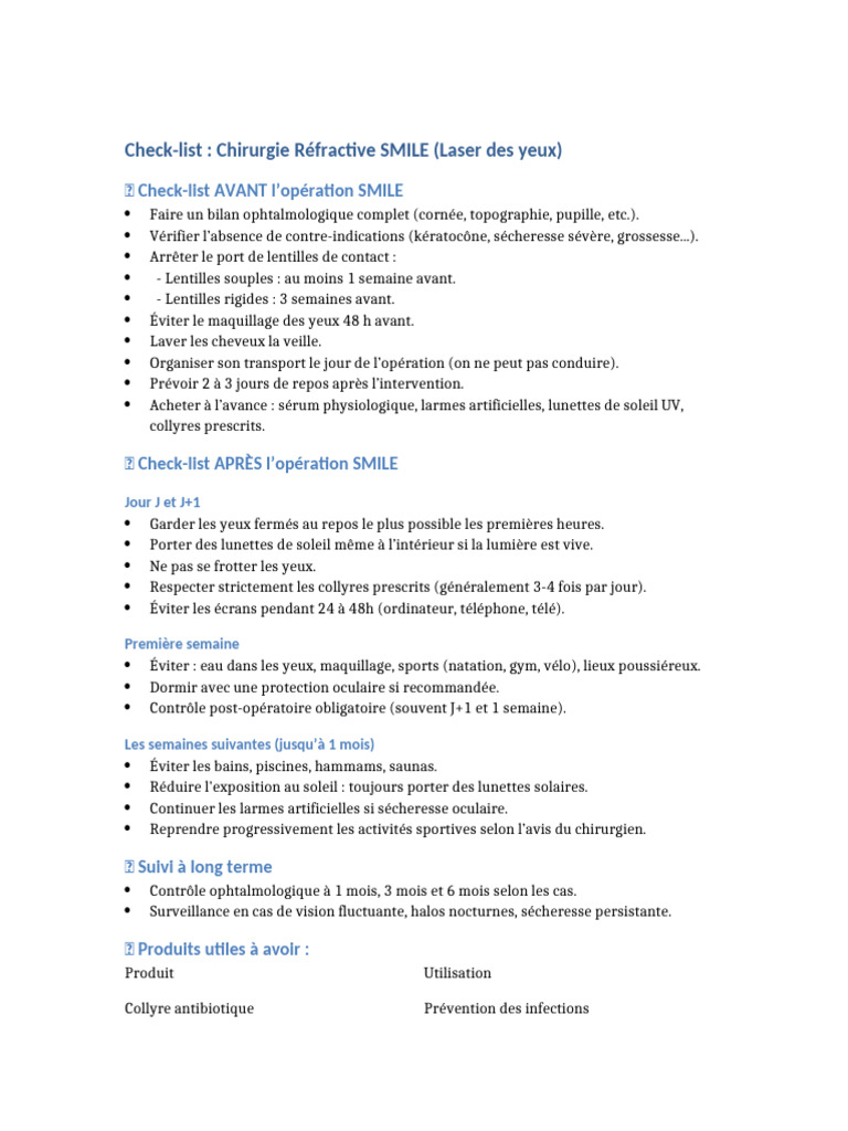 Check-list Chirurgie Réfractive SMILE | PDF