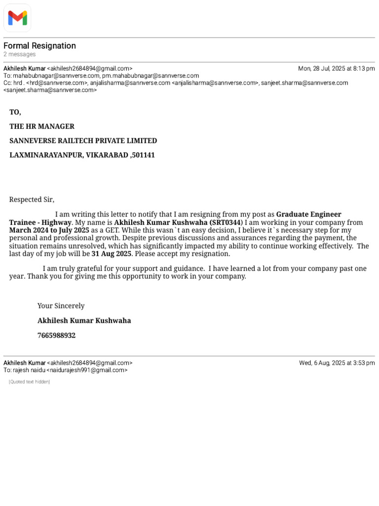 Gmail - Formal Resignation | PDF