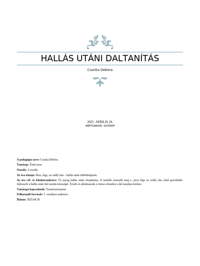 2025.04.26 Hallás Utáni Daltanítás | PDF