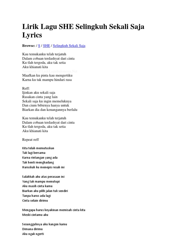 Lirik Lagu She Selingkuh Sekali Saja Lyrics Pdf