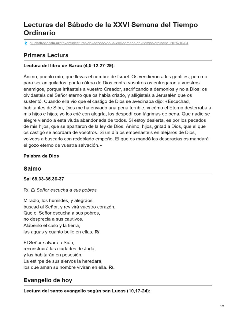 Lecturas Del Sábado de La XXVI Semana Del Tiempo Ordinario | PDF ...