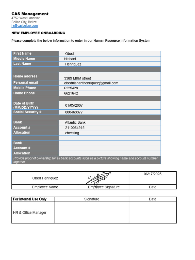 Henriquez Obed HRIS Onboarding Form | PDF