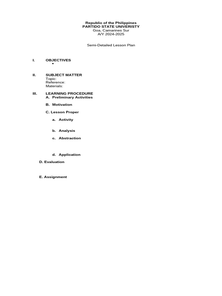 Semi-Detailed Lesson Plan Template | PDF