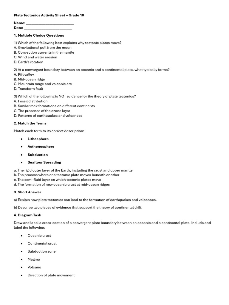 Grade 10 Plate Tectonics Activity Sheet | PDF