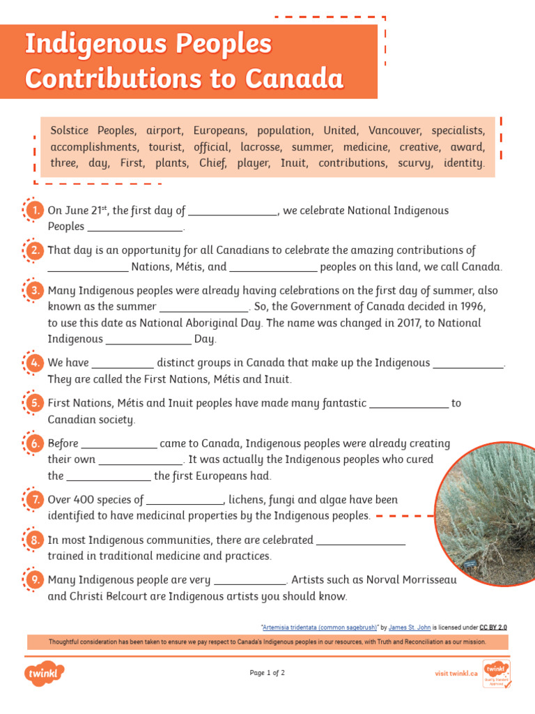 Indigenous Peoples Contributions To Canada A Cloze Activity | PDF ...