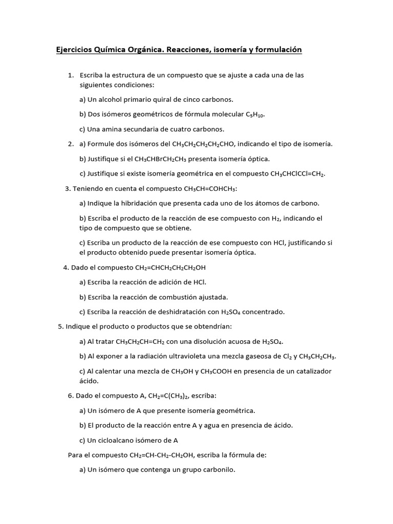Ejercicios de Química Orgánica: Isomería y Reacciones | PDF | Isómero ...