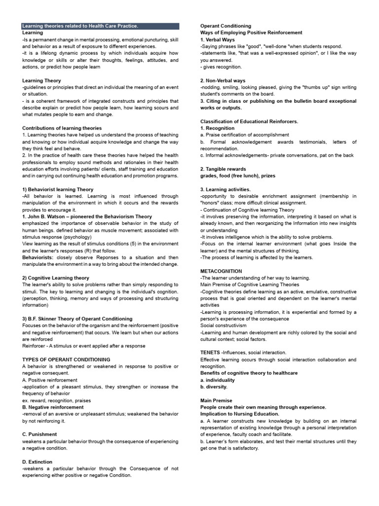 Health Care Learning Theories Explained | PDF | Learning ...