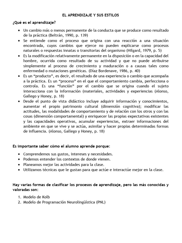 Estilos de Aprendizaje y Modelos Clave | PDF | Aprendizaje | Comportamiento