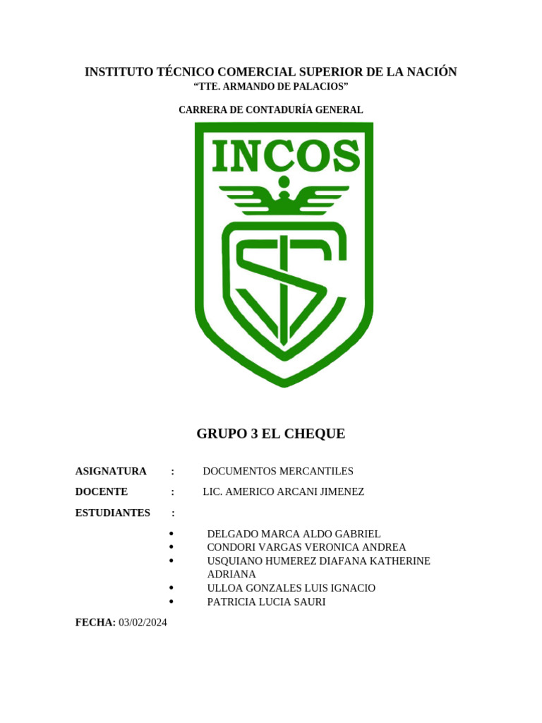 Tarea Incos Documentos Mercantiles Grupo 3 TR | PDF | Cheque | Bancos
