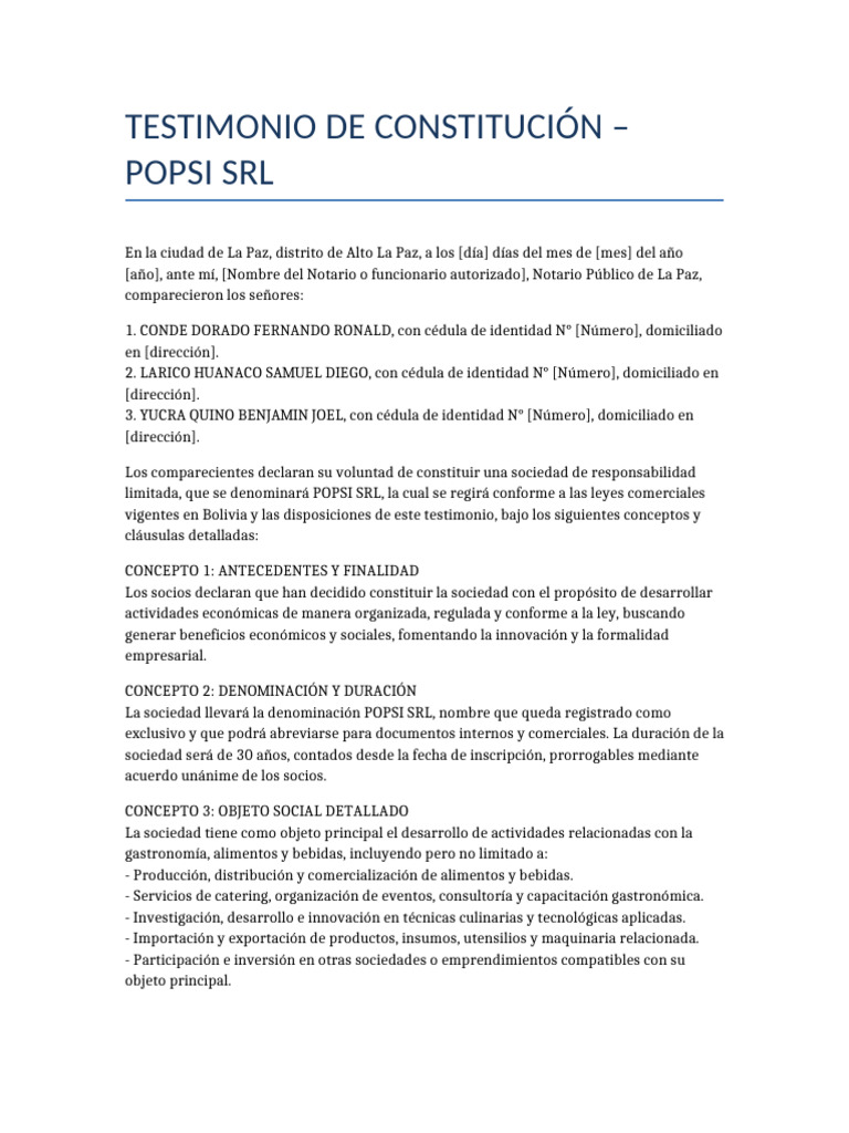 Testimonio Constitucion POPSI SRL | PDF | Sociedad de responsabilidad ...