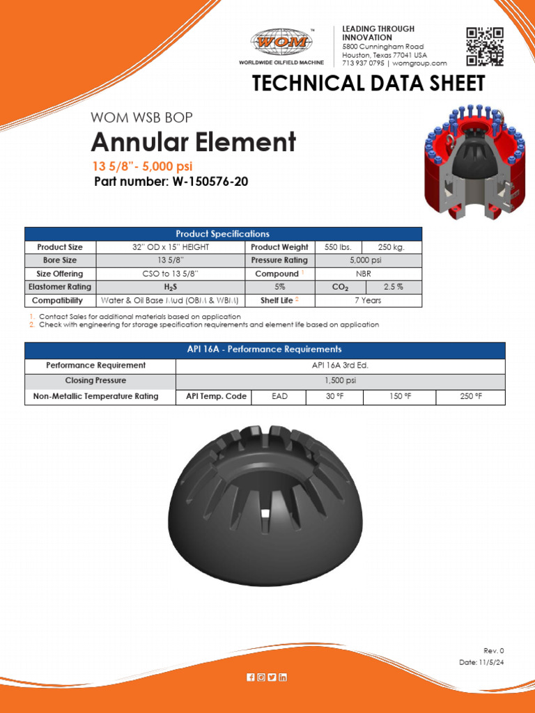 WOM WSB BOP Annular Element Specs | PDF