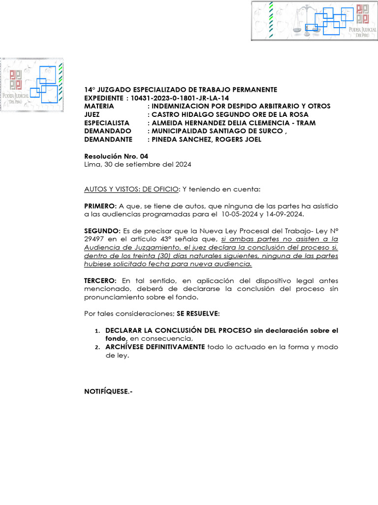 Conclusión de Proceso por Despido Arbitrario | PDF | Lima | Gobierno