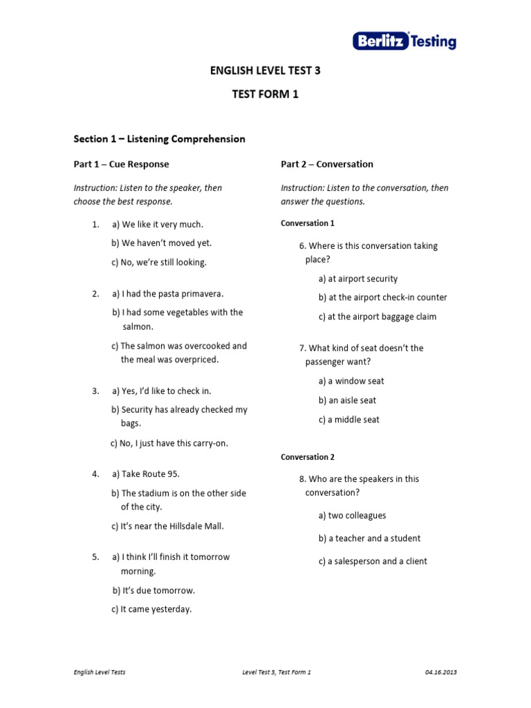 English Level Test 3 TF1 04.16.13 | PDF