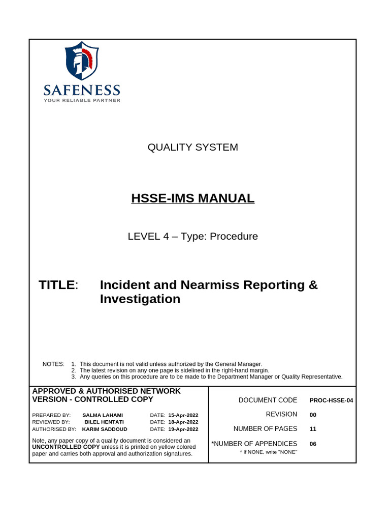 SAFENESS - PROC-HSSE-04 Incident Reporting and Investigation - Reviewed ...