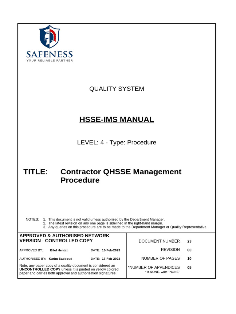 Contractor QHSSE Management Procedure | PDF | Audit | Risk