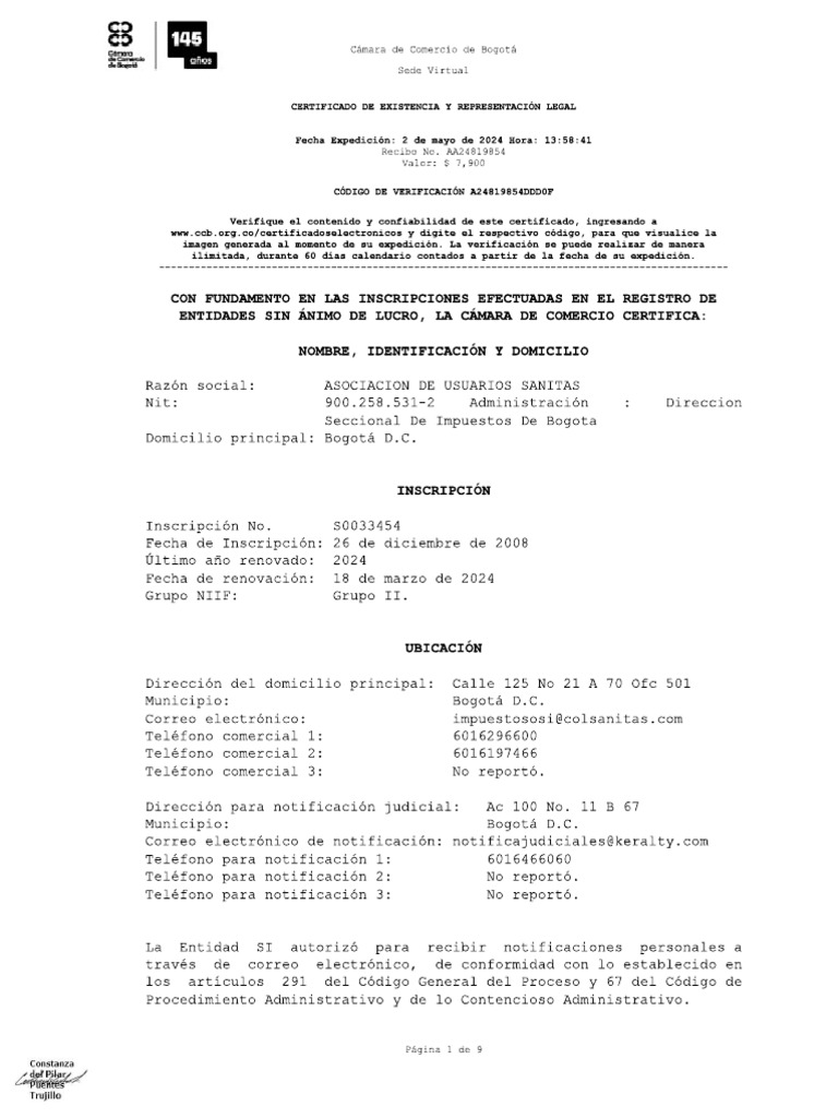 07 Certificado de Camara de Comercio y Representacion Legal SANITAS | PDF