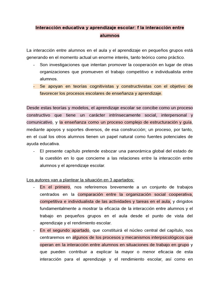 Resumen - Interacción Educativa y Aprendizaje Escolar - F La ...