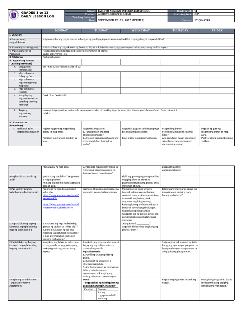 DLL - Esp 6 - Q2 - W5 | PDF