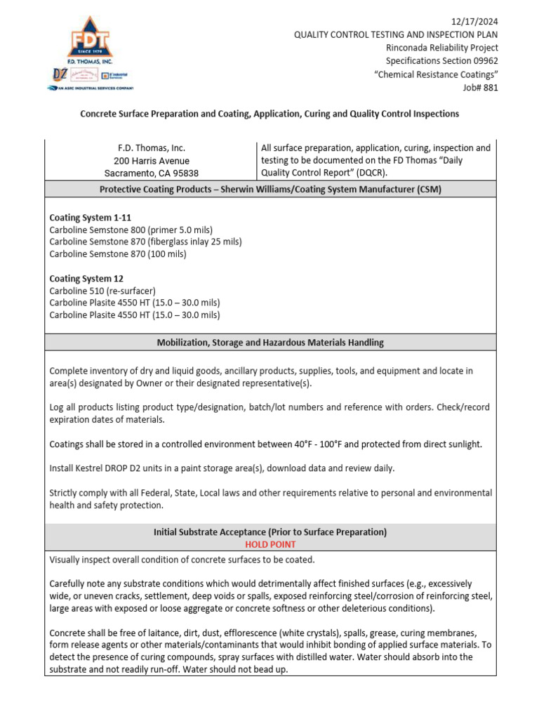 Quality Control Plan for Coating Project | PDF | Concrete | Fiberglass