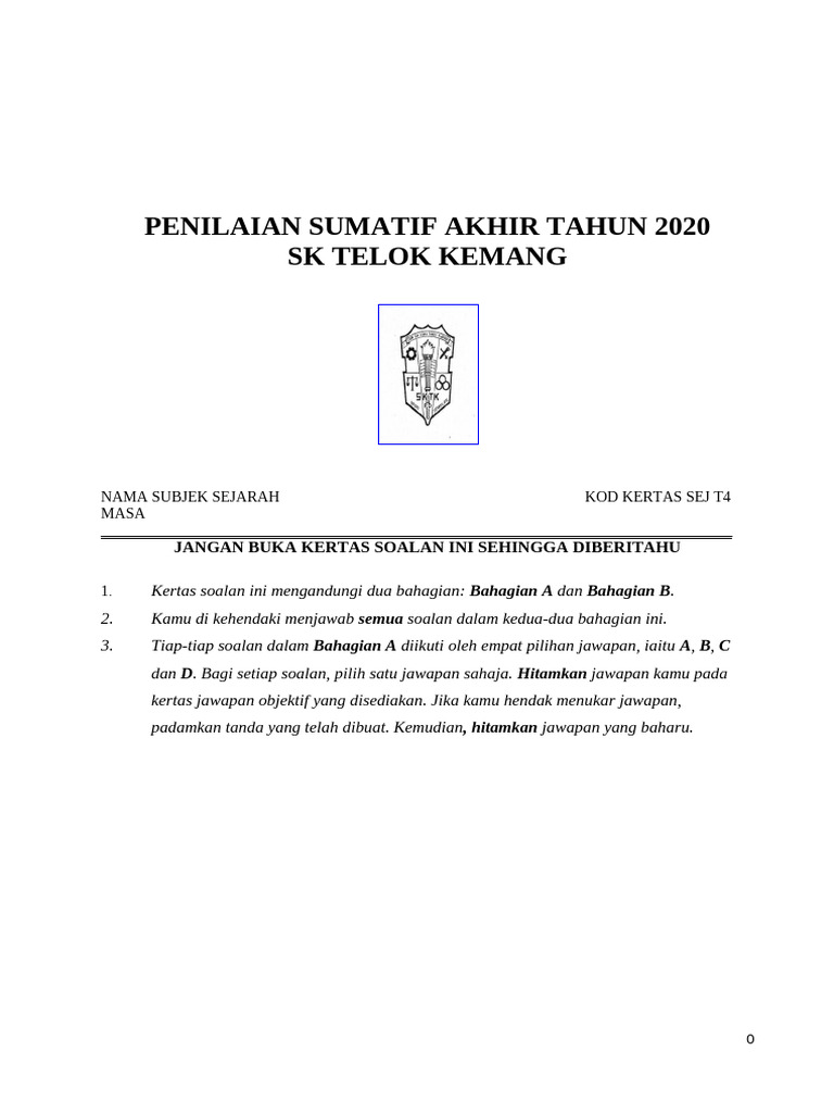 Soalan Akhir Tahun Sejarah T4 SKTK | PDF