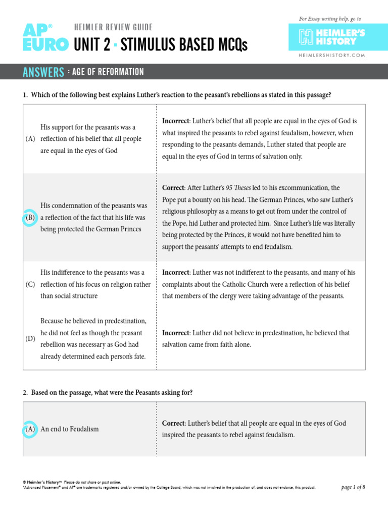 AP Euro Unit 2: Age of Reformation MCQs | PDF | Martin Luther | John Calvin