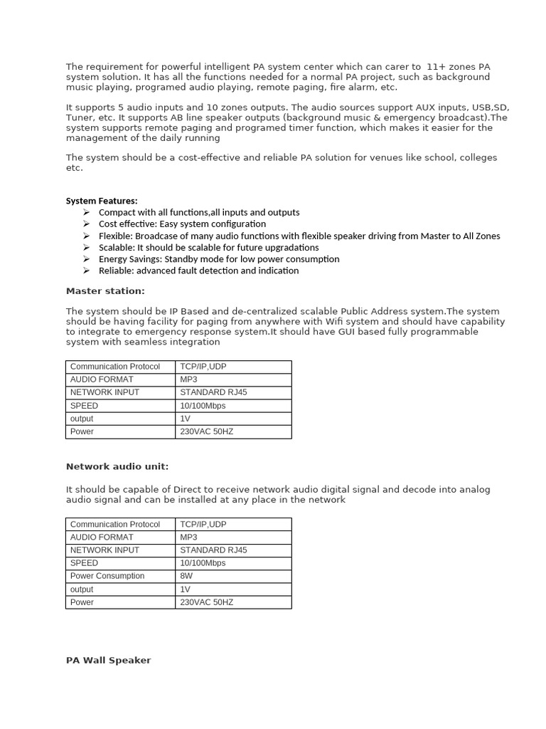 Intelligent PA System Specifications | PDF | Loudspeaker | Computer Network