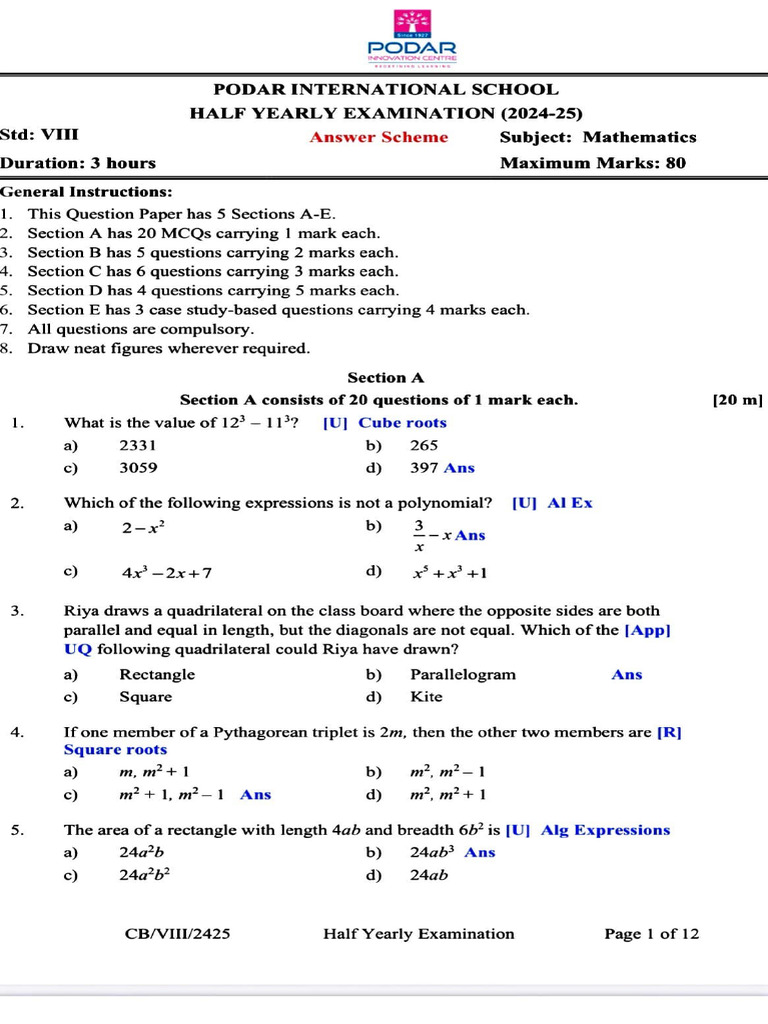 Maths Pyq Hye 2024-25 | PDF