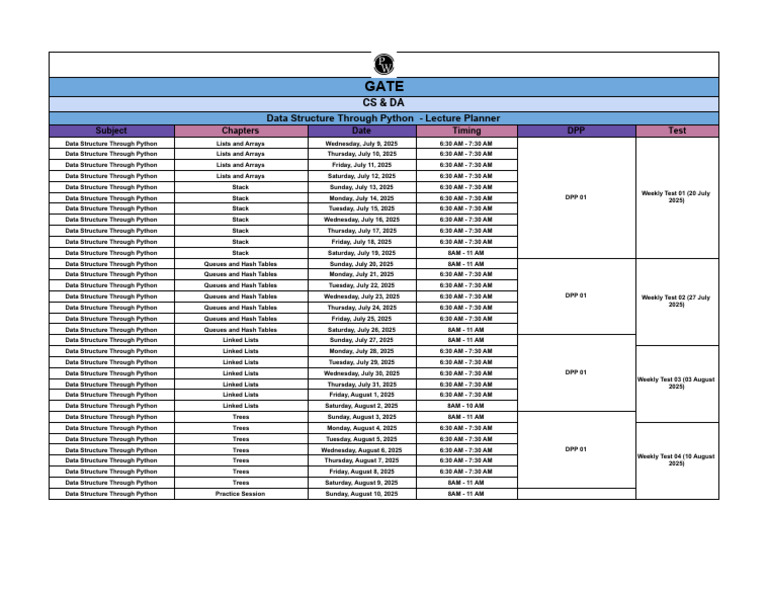 Data Structure Python Lecture Schedule | PDF | Algorithms And Data ...