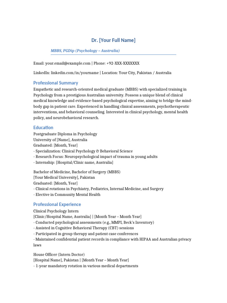 Psychologist CV DR YourName | PDF | Psychotherapy | Clinical Psychology