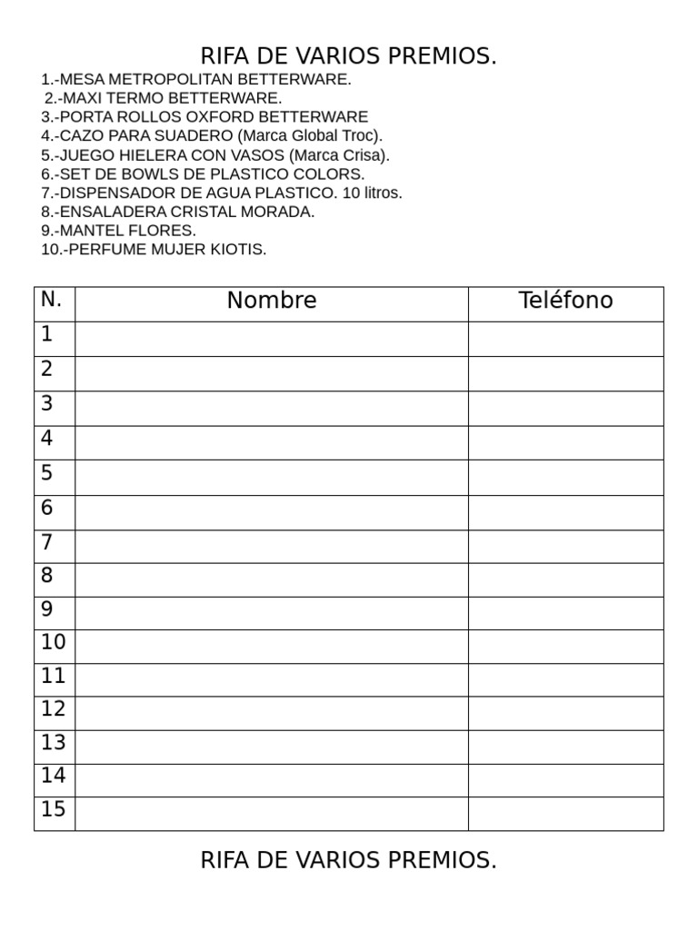 Rifa de Varios Premios | PDF