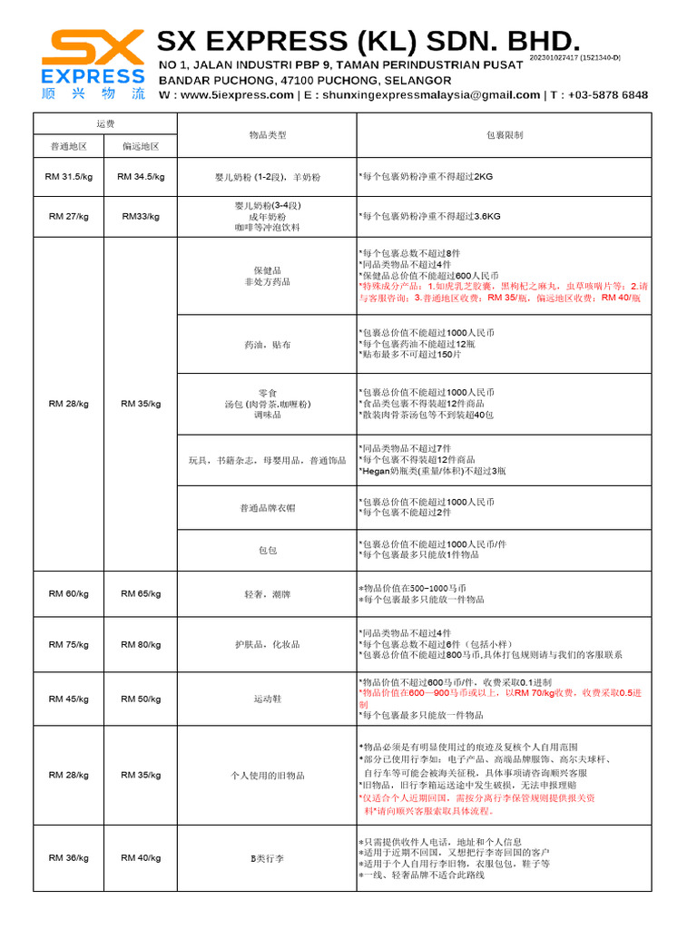1 顺兴物流(马来西亚) 价格表20240425更新| PDF