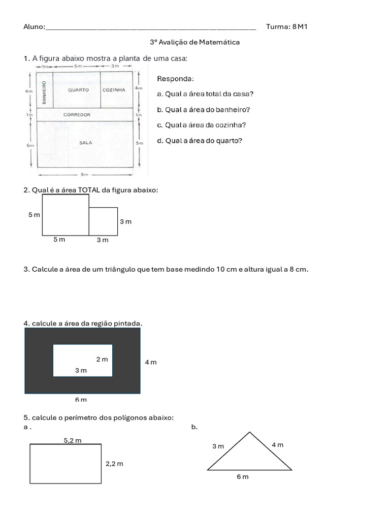 Avaliação de Matemática 8M1: Áreas e Perímetros | PDF