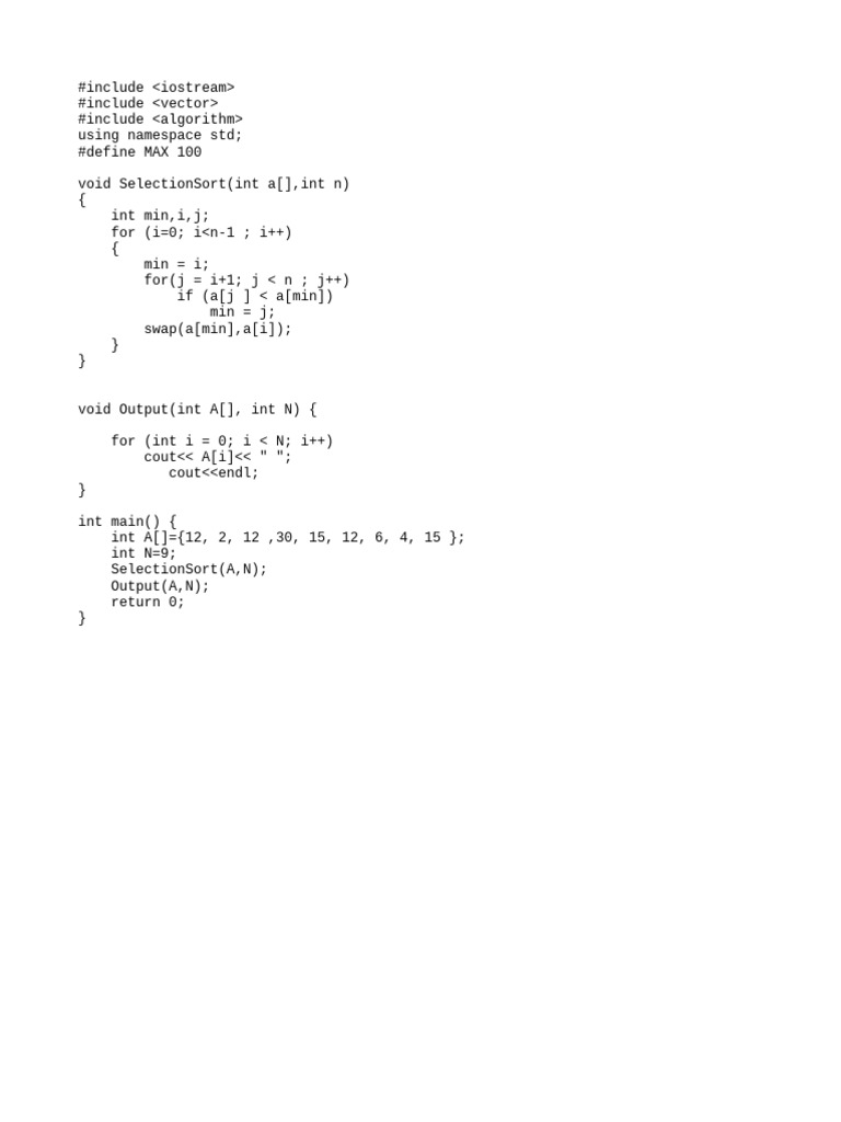 C++ Selection Sort Example Code | PDF