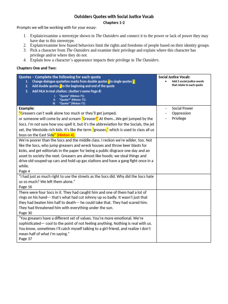 CH 1-2 Outsiders Quotes W SJ Vocab | PDF | Prejudices | Bias, image size:768x1024