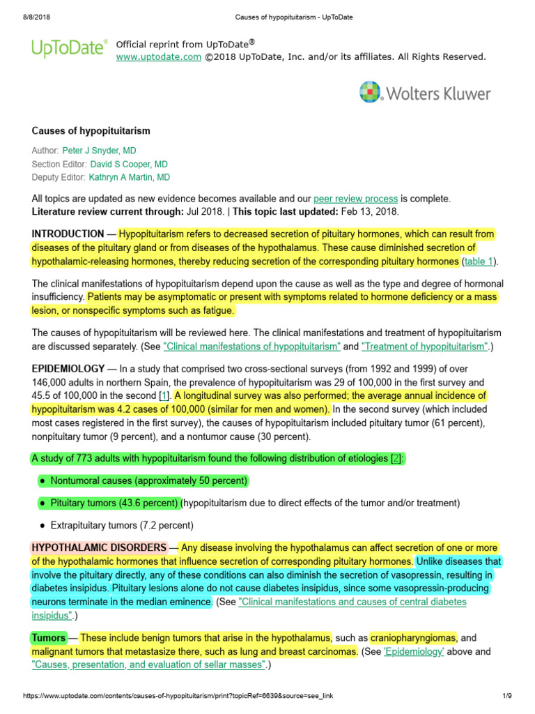 Causes of Hypopituitarism - UpToDate | PDF | Endocrinology | Endocrine ...